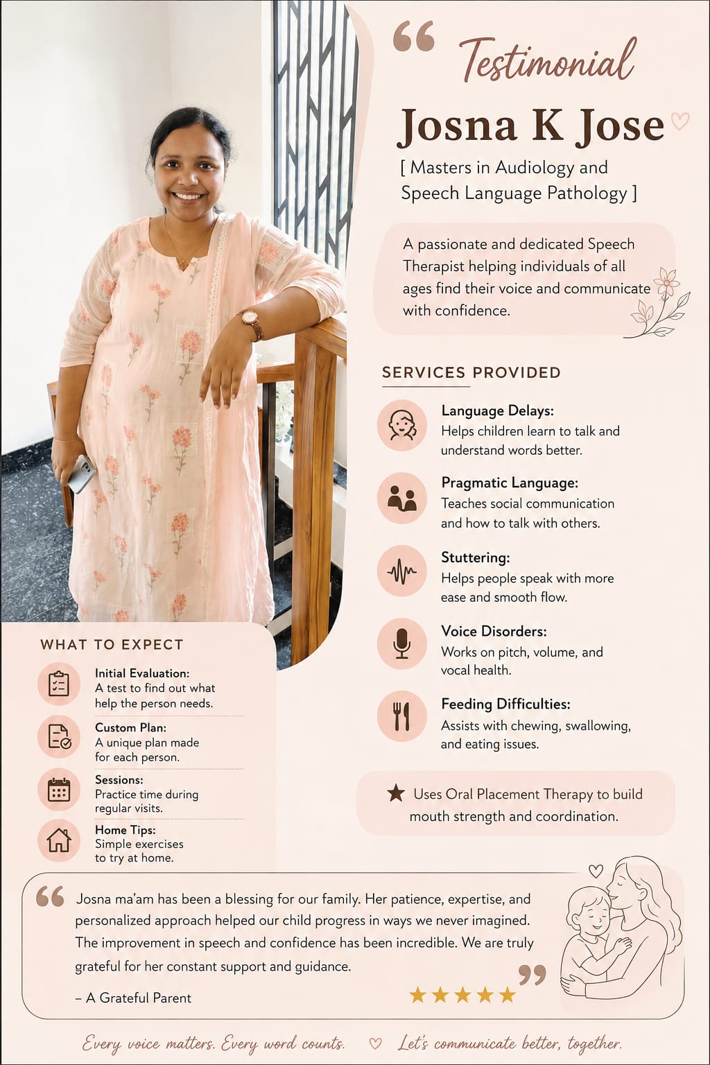 Supplied testimonial artwork describing speech and language services